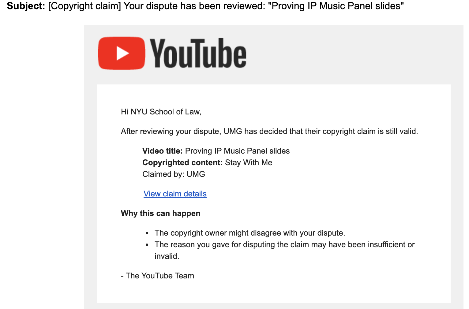 screenshot from email alerting us that UMG has decided that the claim is still valid