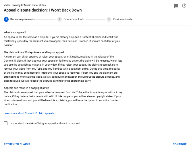 screenshot from the appeal dispute page