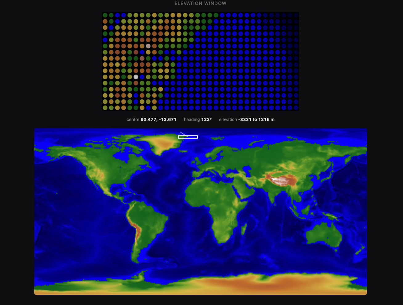 screenshot of website showing the elevation as displayed on the grid and an image of the earth with a box indicating that location